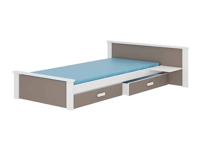 Lit bois pin blanc et bois taupe 90x200 avec 1 chevet et 2 tiroirs de rangement Lydia