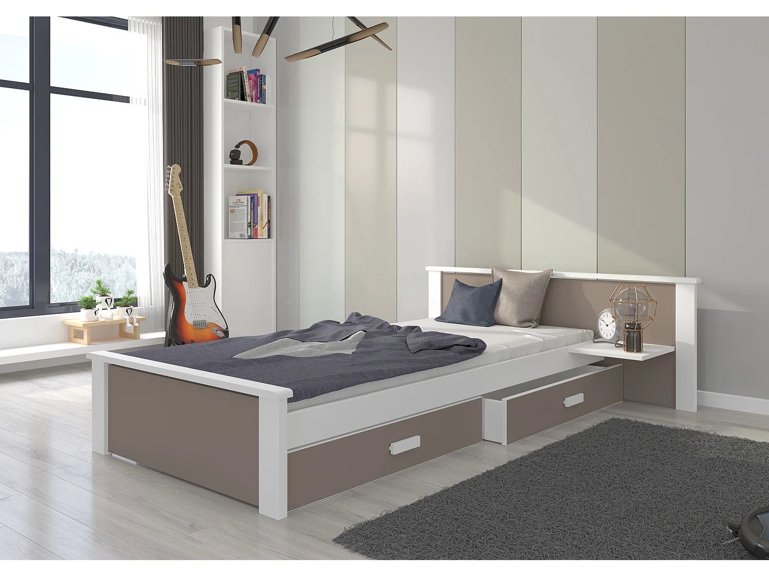 Wit grenen en taupehouten bed 90x200 cm met 1 nachtkastje en 2 Lydia opberglades