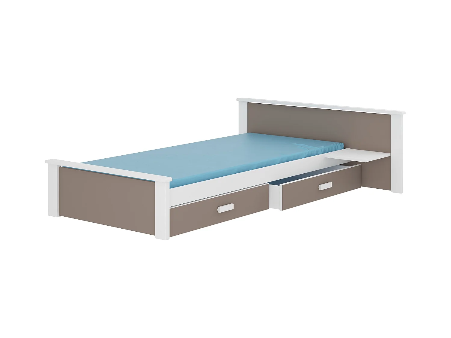 Lit bois pin blanc et bois taupe 90x200 avec 1 chevet et 2 tiroirs de rangement Lydia