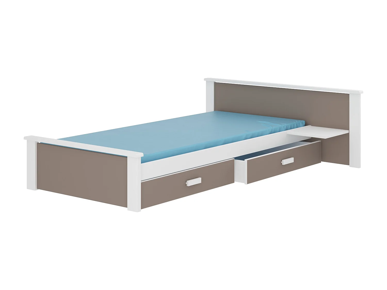 Lit bois pin blanc et bois taupe 90x200 avec 1 chevet et 2 tiroirs de rangement Lydia