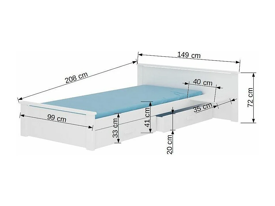 Lit bois pin blanc et bois taupe 90x200 avec 1 chevet et 2 tiroirs de rangement Lydia