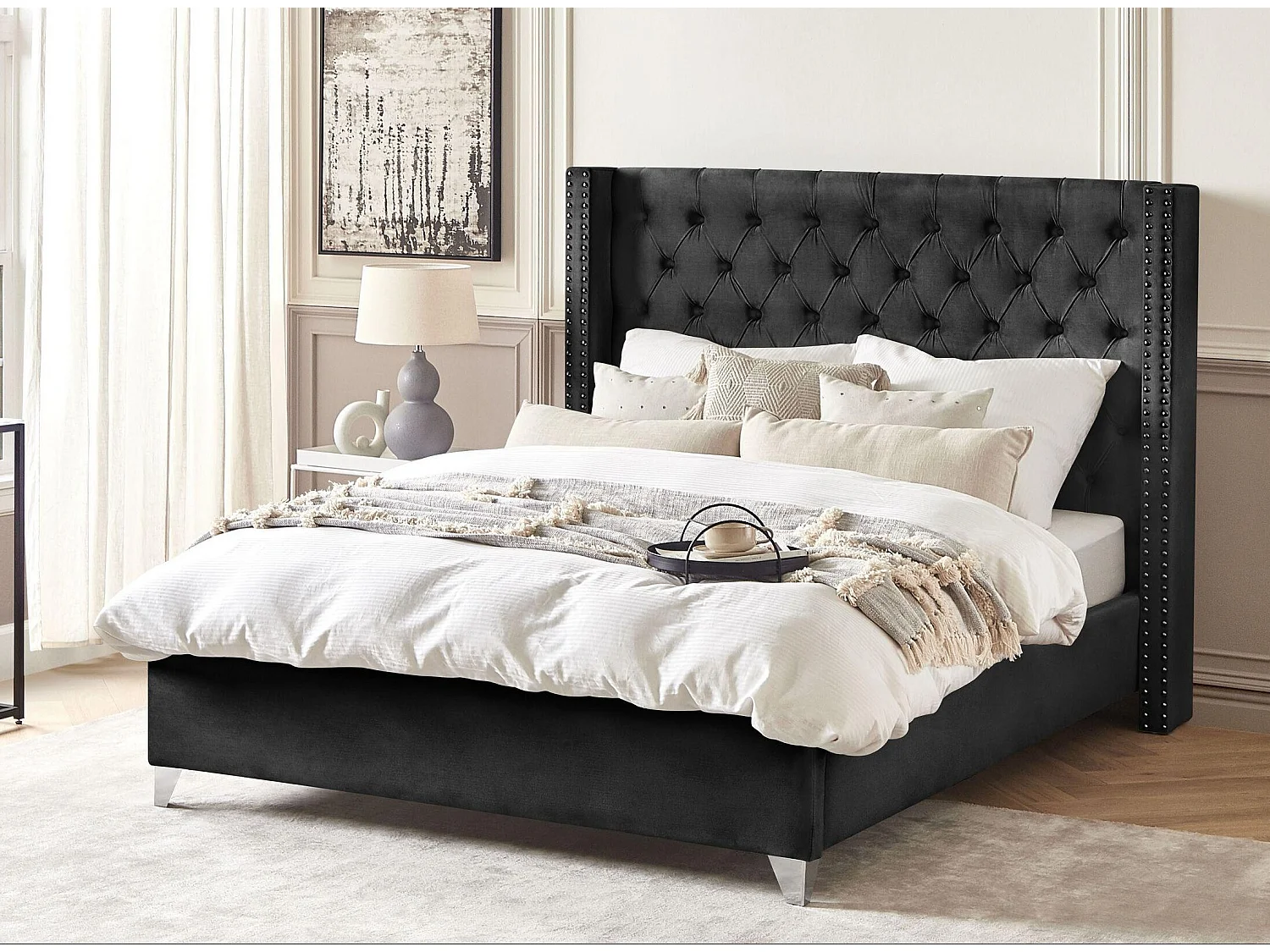 Lit capitonné Chesterfield velours Klouto-Couleur Noir-140x190