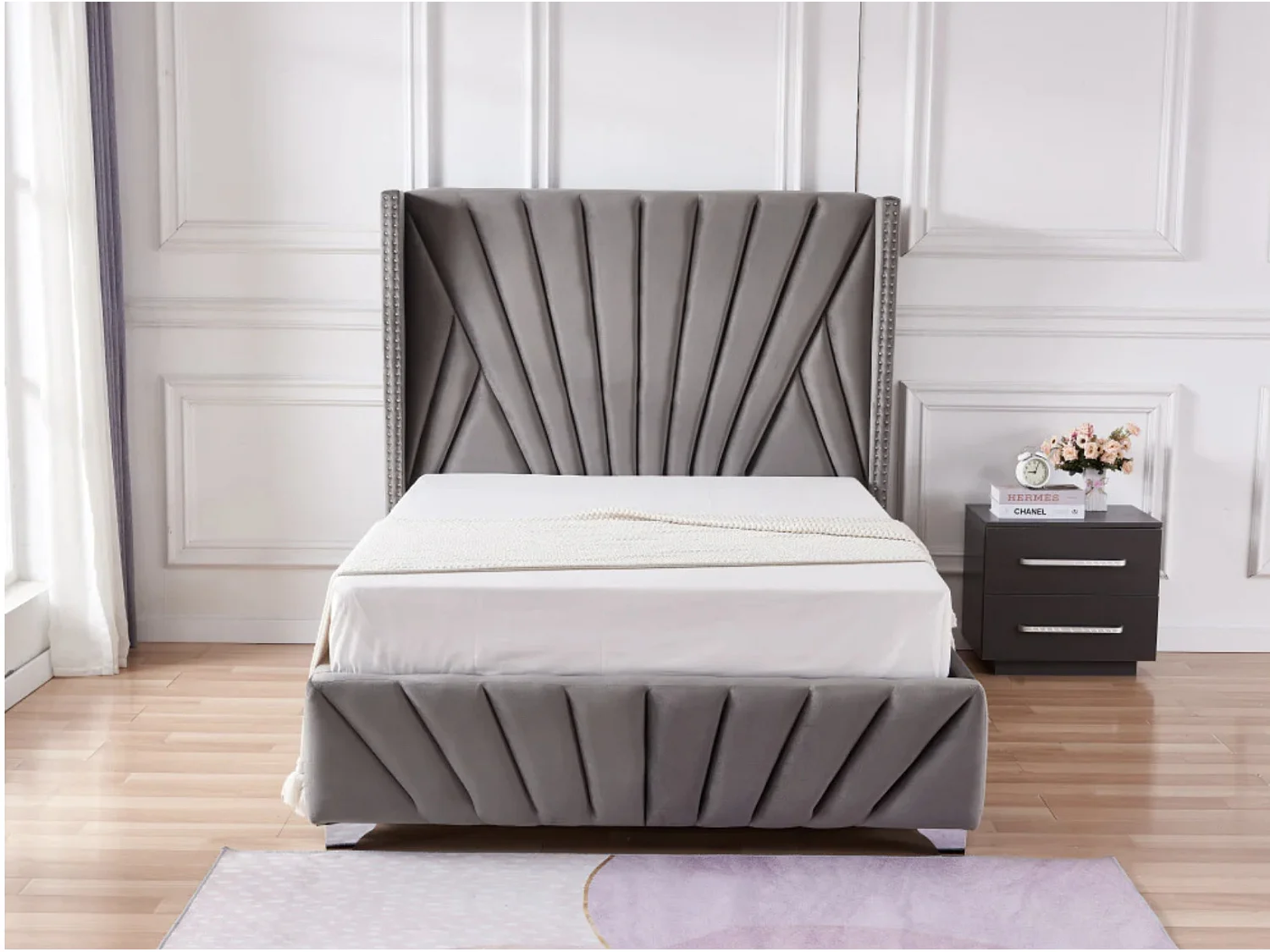 Lit capitonné velours Kalio-Couleur Gris-160x200