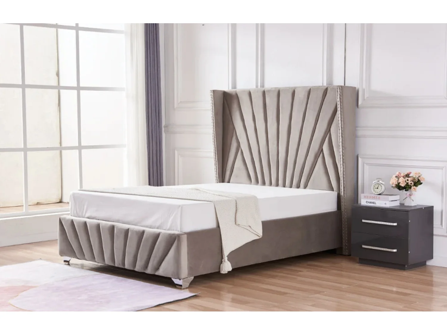 Lit capitonné velours Kalio-Couleur Beige foncé-160x200