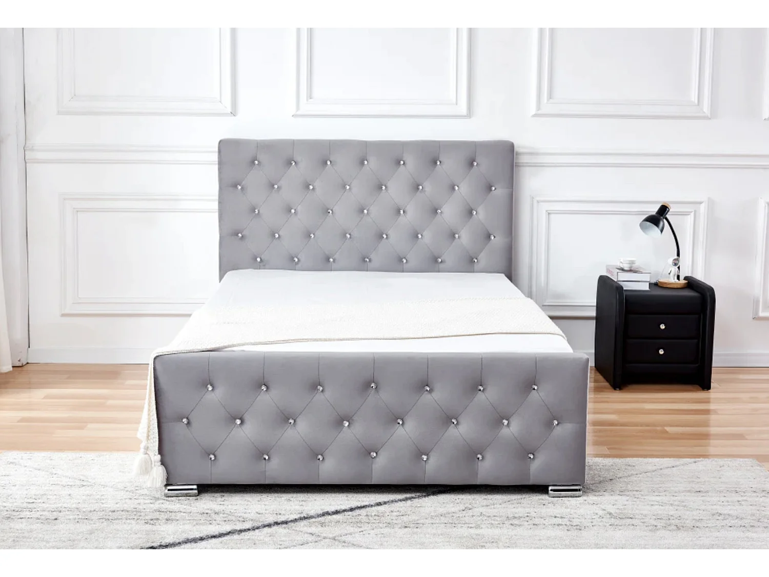 Lit capitonné velours avec boutons scintillants incrustés Luxia-Couleur Gris-160x200