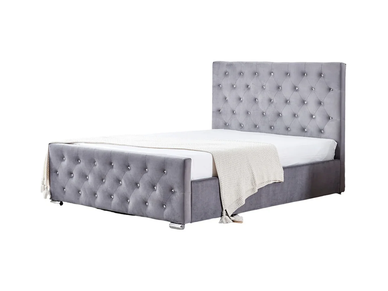 Lit capitonné velours avec boutons scintillants incrustés Luxia-Couleur Gris-140x190