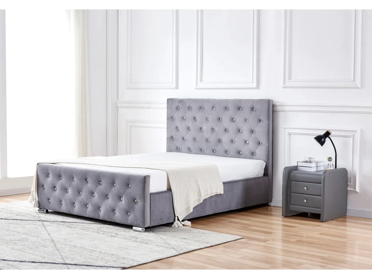 Lit capitonné velours avec boutons scintillants incrustés Luxia-Couleur Gris-140x190