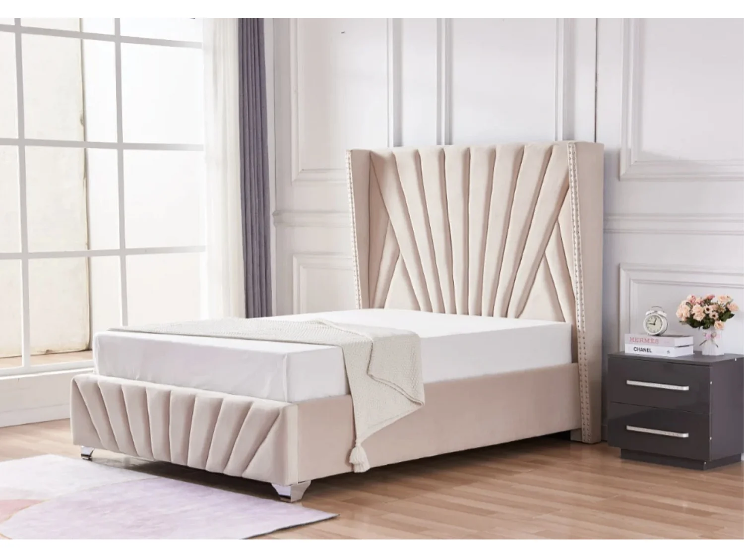 Lit capitonné velours Kalio-Couleur Beige clair-140x190