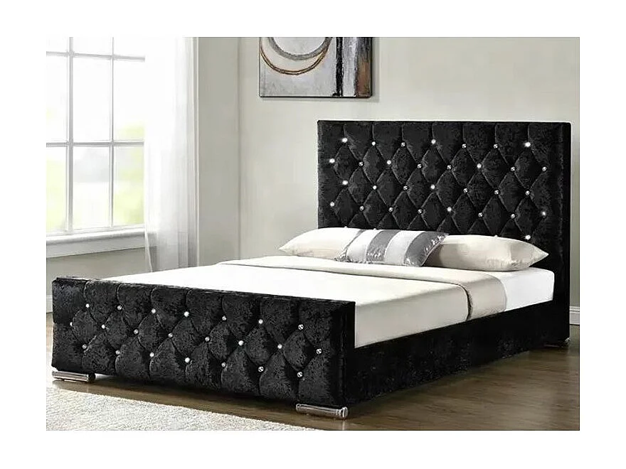 Lit capitonné velours avec boutons scintillants incrustés Luxia-Couleur Noir-140x190
