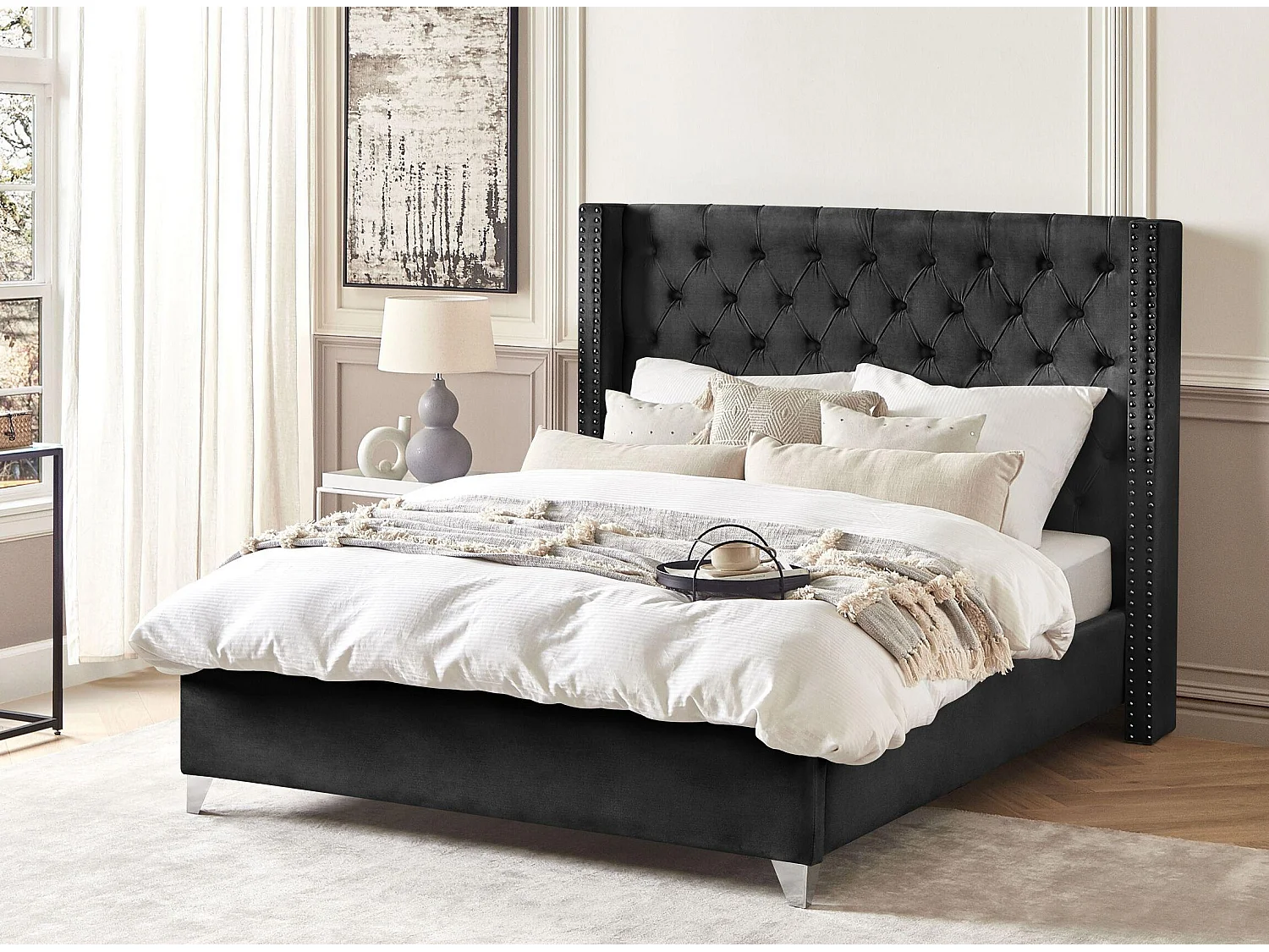 Lit capitonné Chesterfield velours Klouto-Couleur Noir-160x200