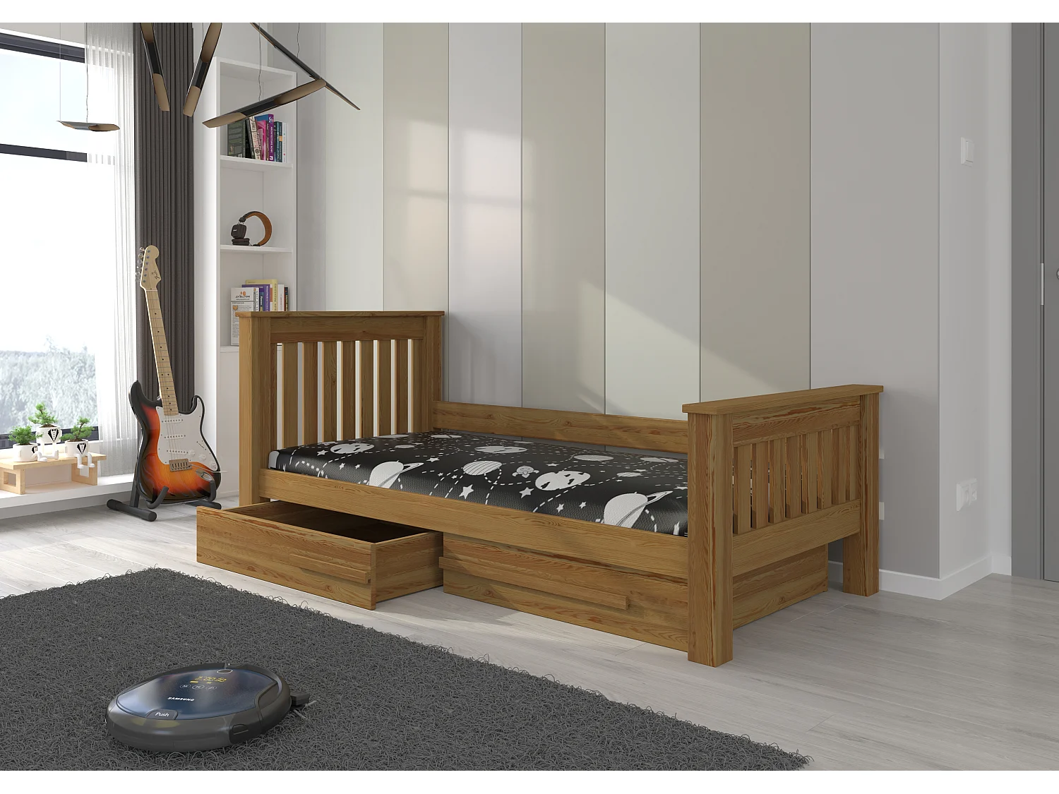 Lit enfant bois pin oak 90x200 avec 2 tiroirs de rangement Rallye
