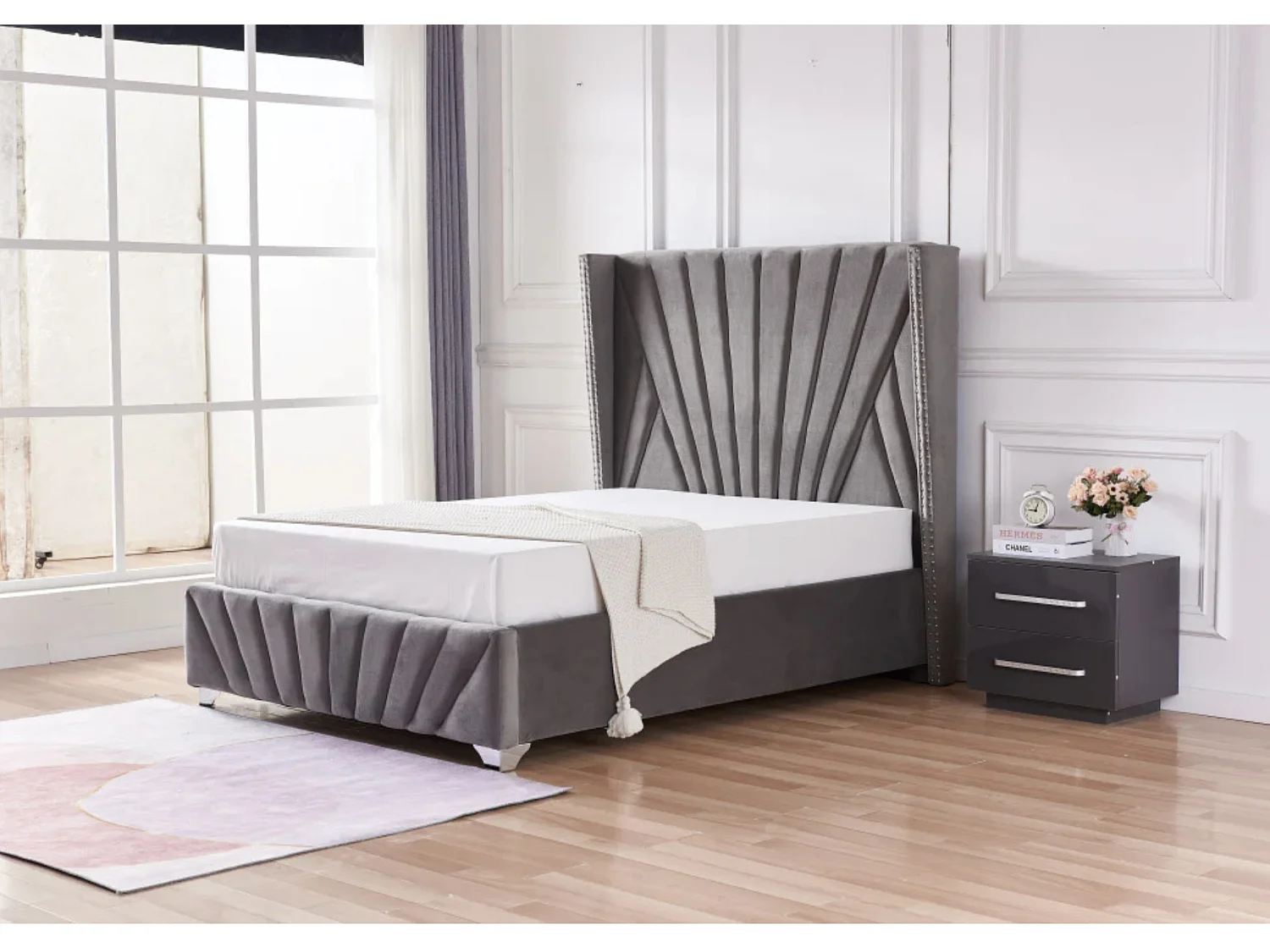 Lit capitonné velours Kalio-Couleur Gris-180x200