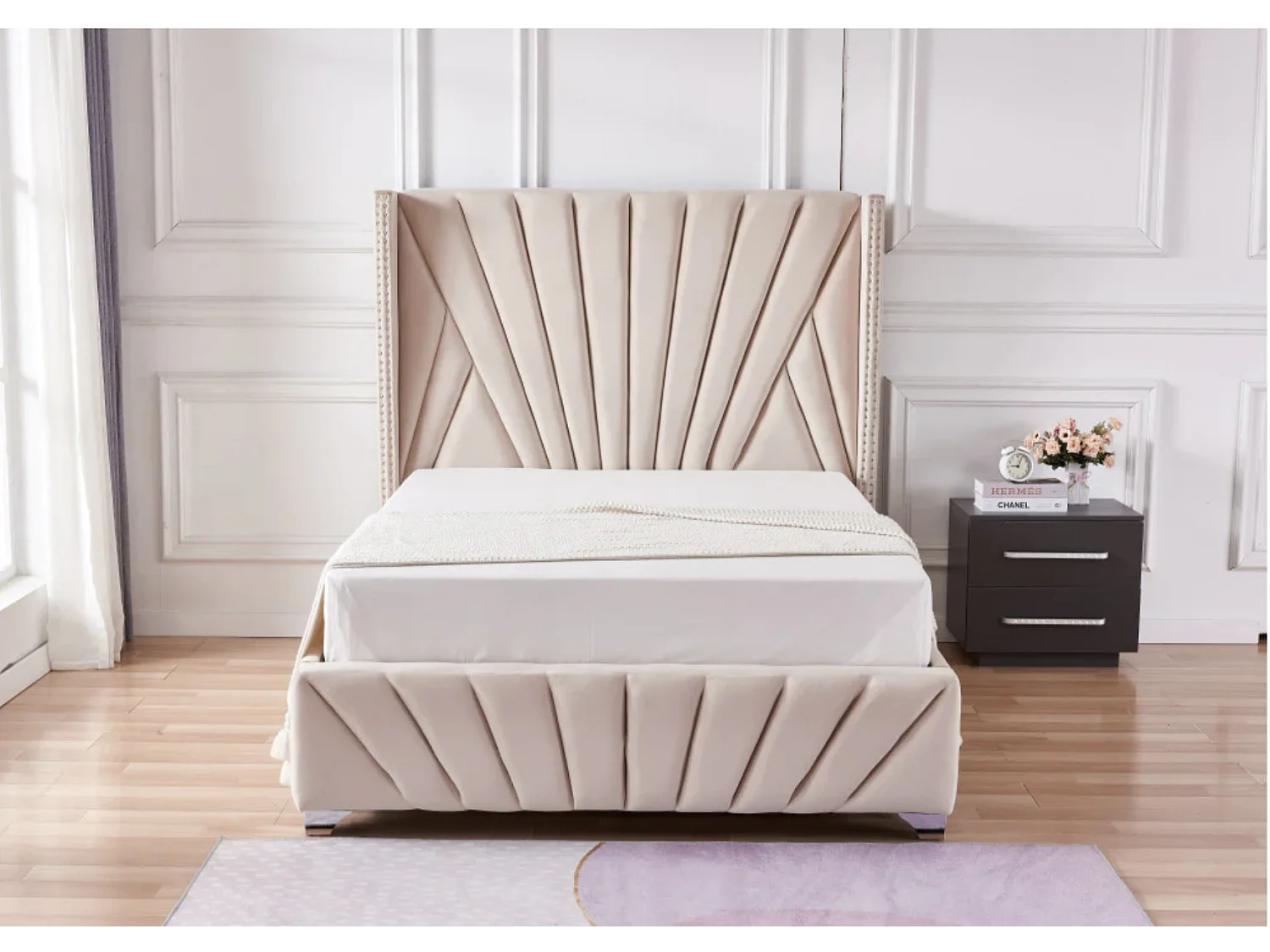 Lit capitonné velours Kalio-Couleur Beige clair-180x200