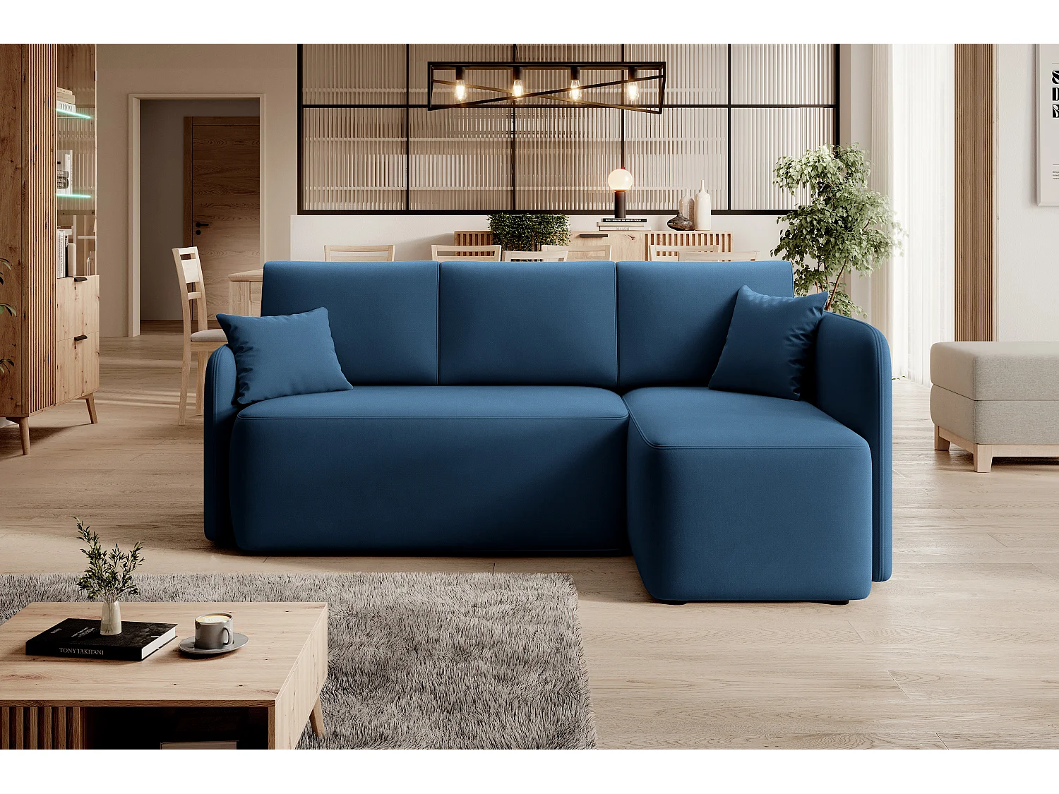 Petit canapé d'angle convertible 3 places tissu bleu Takin 206cm-Méridienne A droite