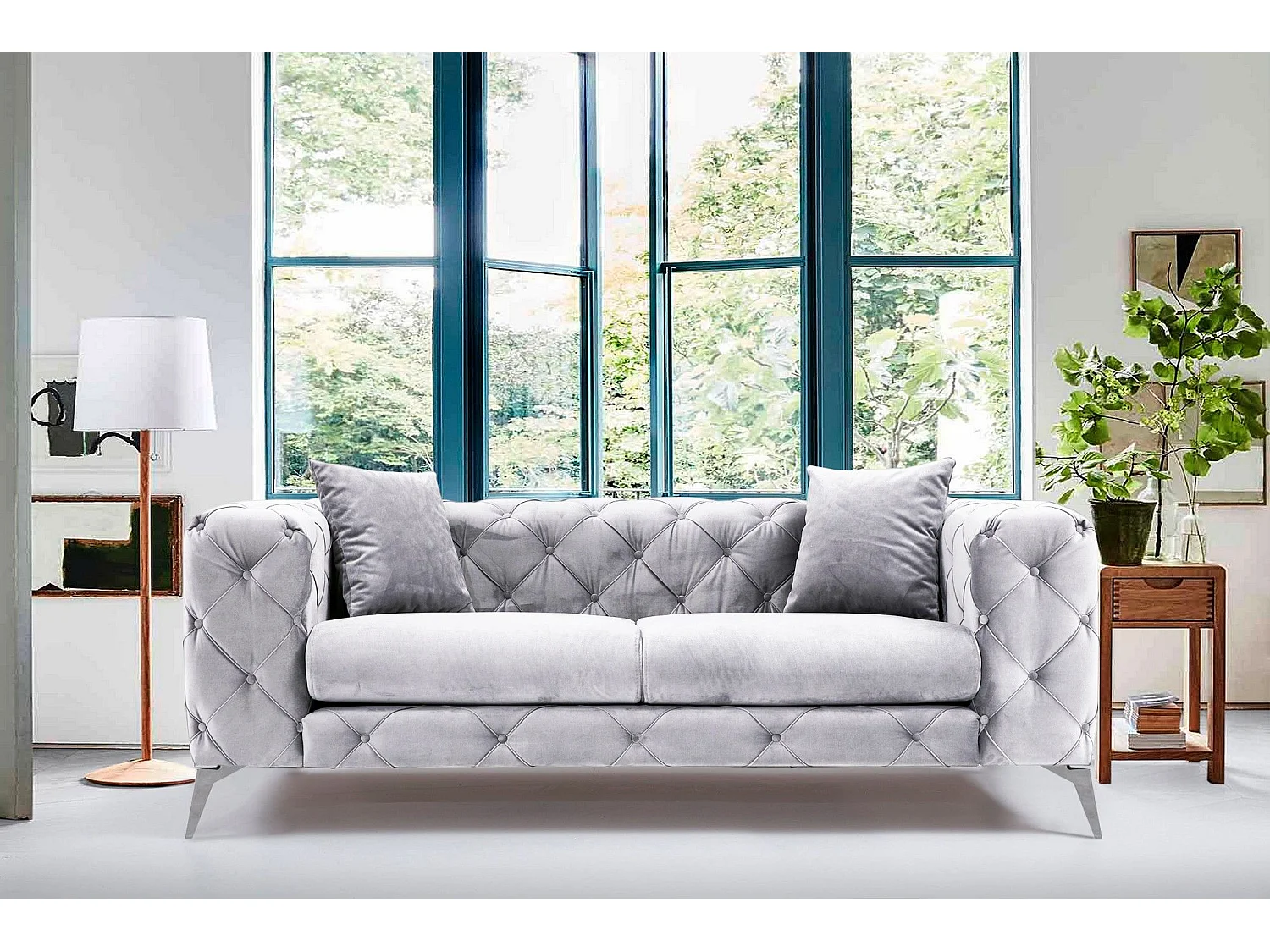 Sofá chesterfield Altadena 354, Gris, 197x90x73cm, Tapiz, Patas: Metal