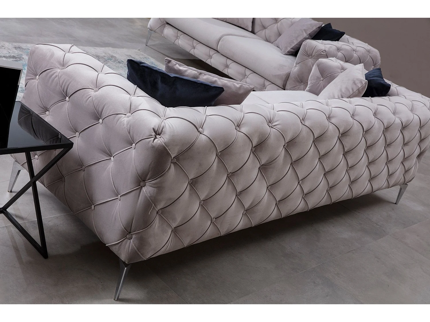 Sofá chesterfield Altadena 354, Gris, 197x90x73cm, Tapiz, Patas: Metal