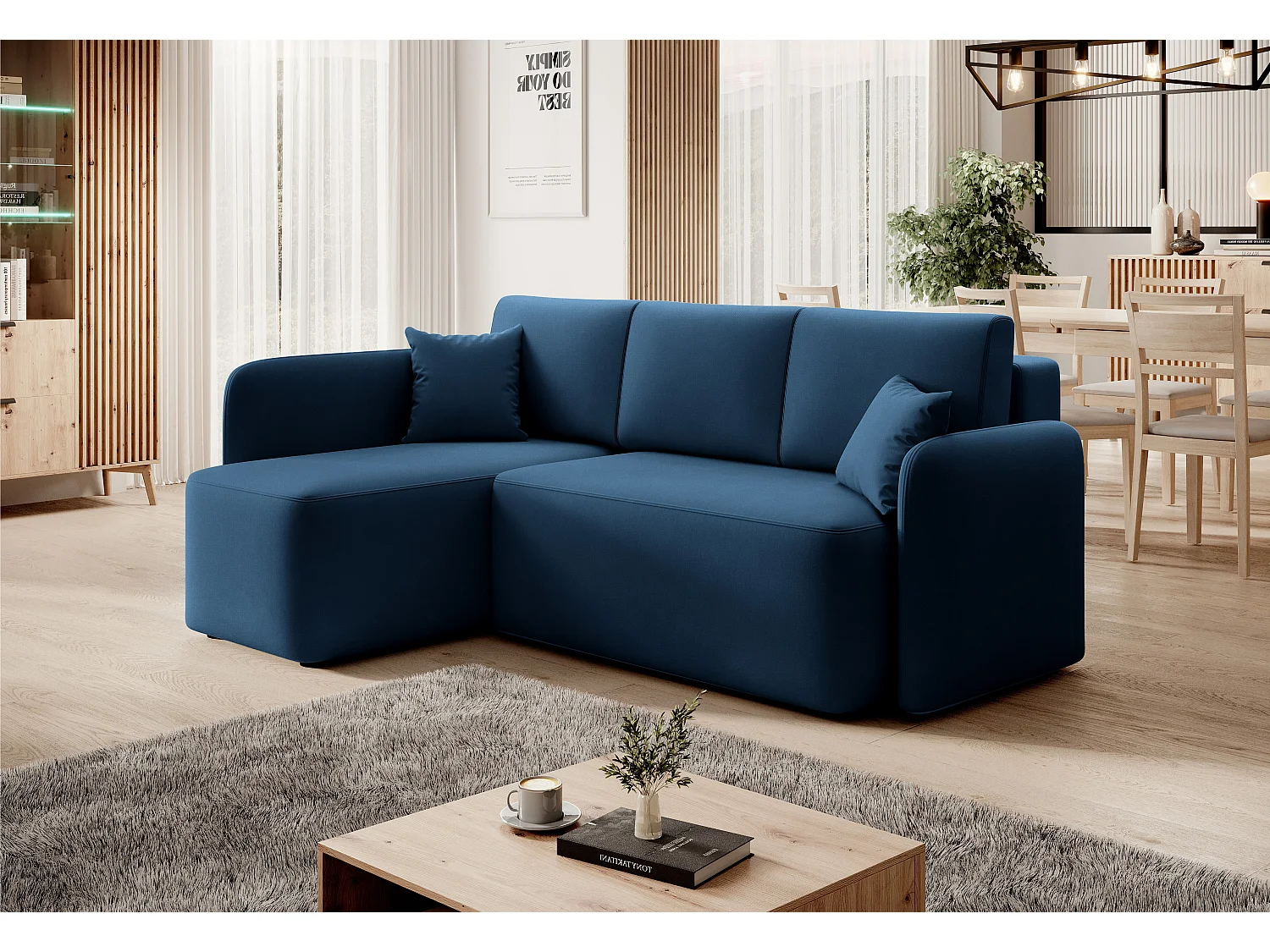 Petit canapé d'angle convertible 3 places tissu bleu Takin 206cm-Méridienne A gauche