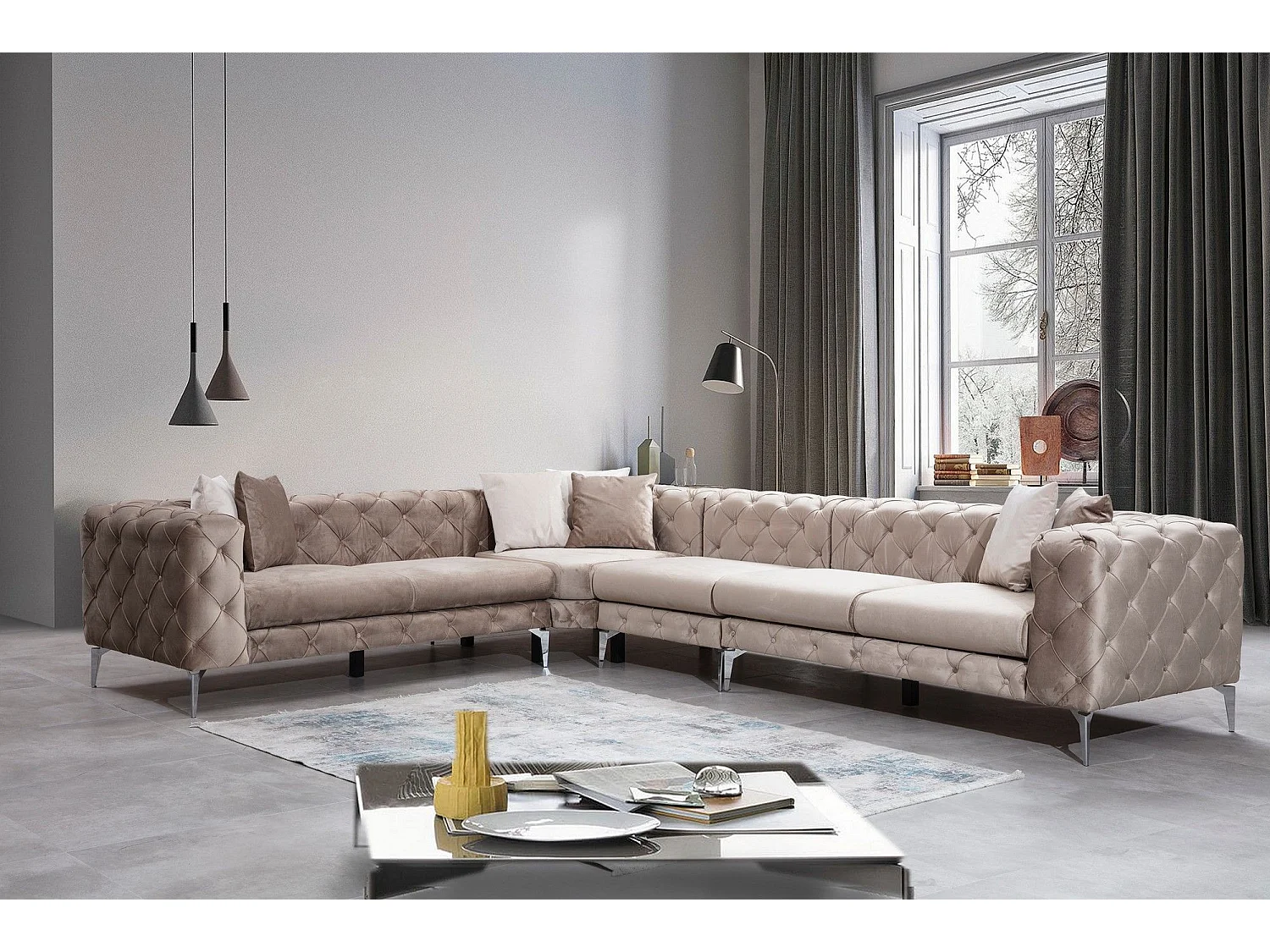 Canapé d'angle à gauche capitonné Alykes Velours Taupe