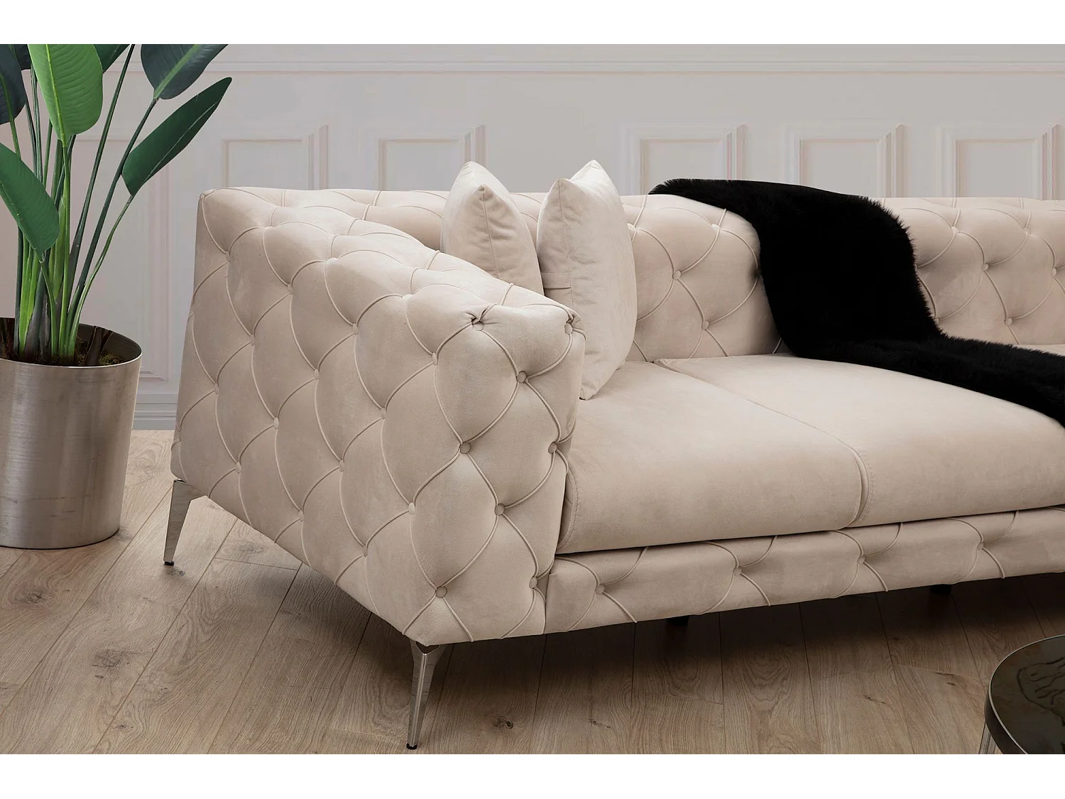 Canapé d'angle à droite capitonné Alykes Velours Écru