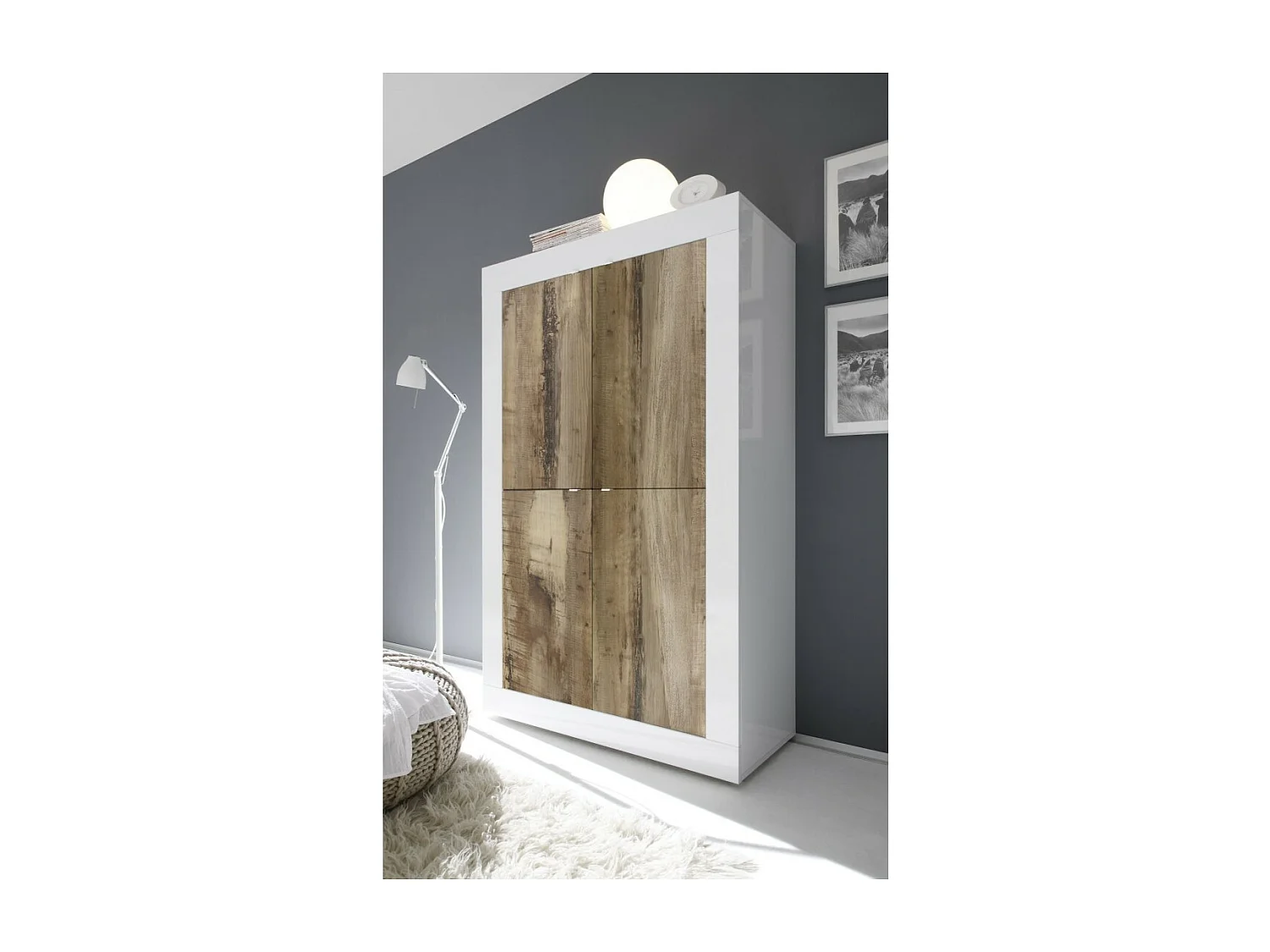 Buffet haut 4 portes, collection ISORA, coloris blanc laqué brillant et chêne clair