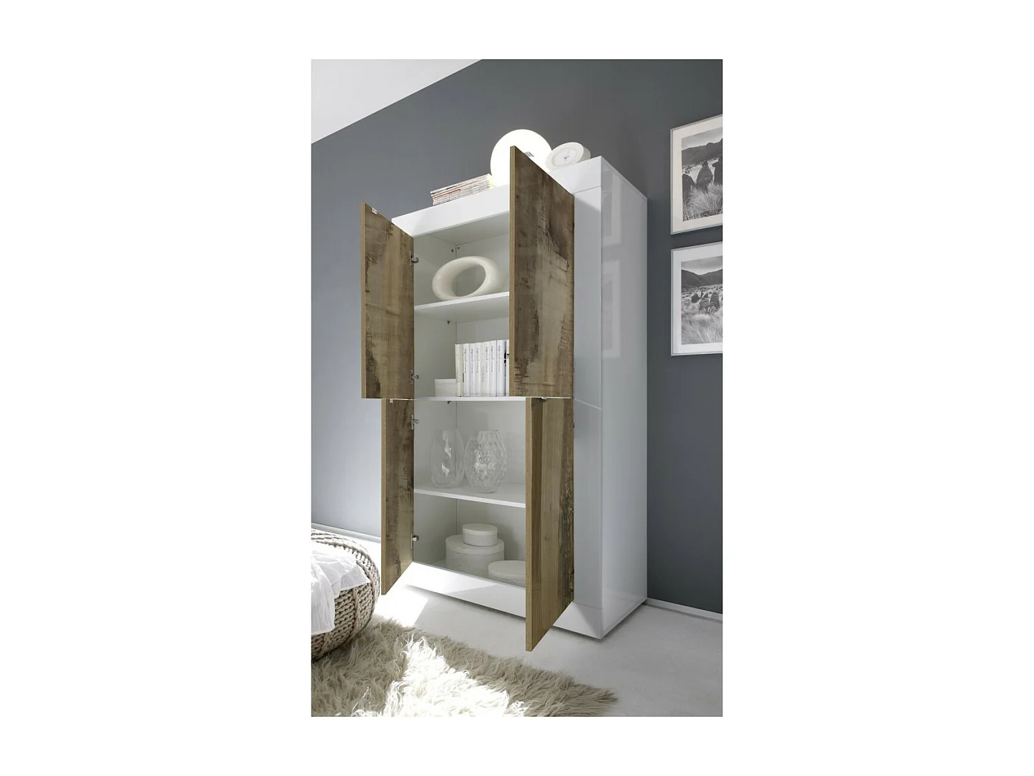 Buffet haut 4 portes, collection ISORA, coloris blanc laqué brillant et chêne clair