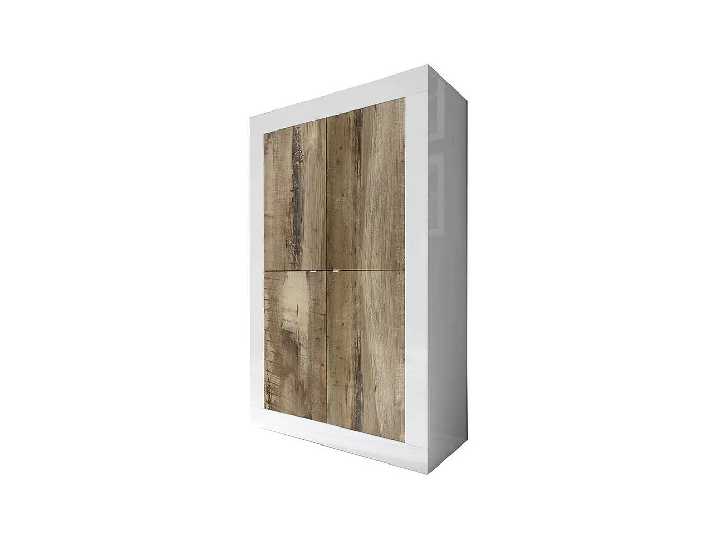Hoog buffet met 4 deuren, collectie ISORA, in glanzend wit gelakt en licht eiken kleur