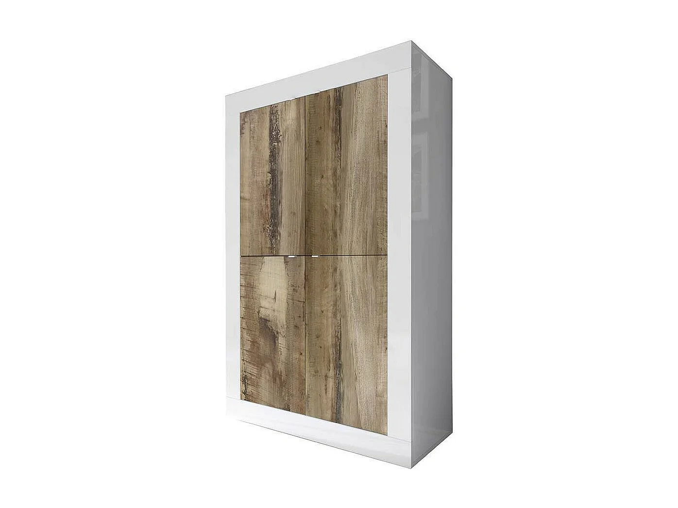 Hoog buffet met 4 deuren, collectie ISORA, in glanzend wit gelakt en licht eiken kleur