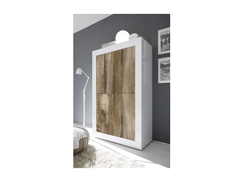 Buffet haut 4 portes, collection ISORA, coloris blanc laqué brillant et chêne clair