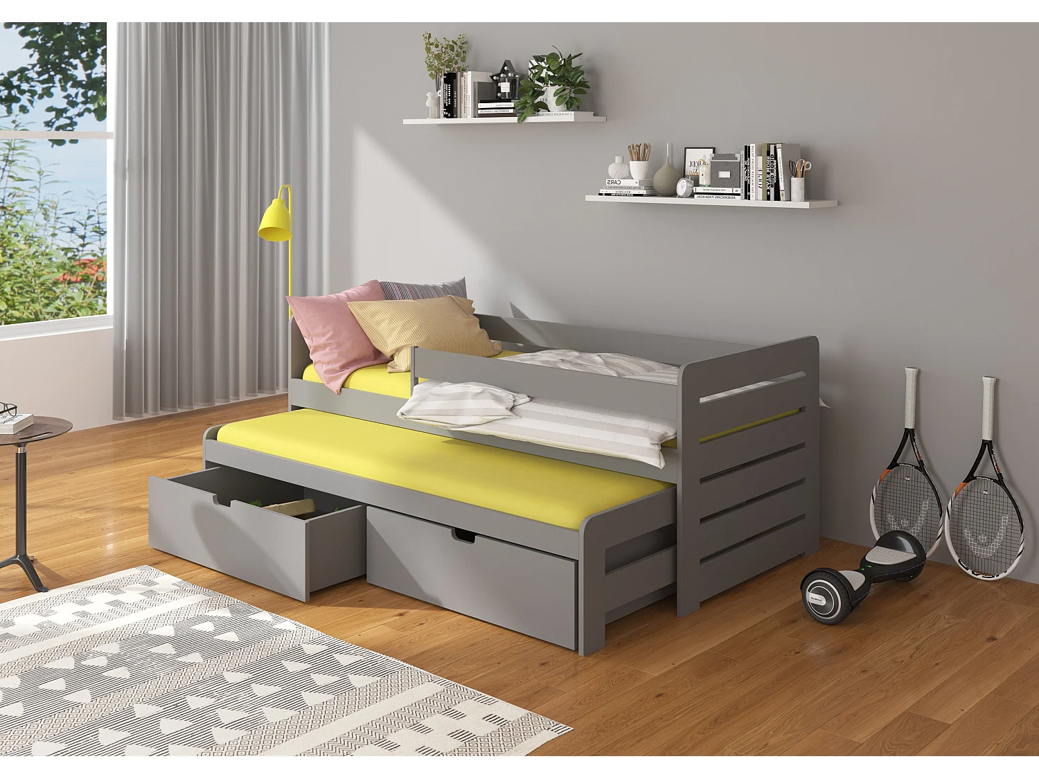 Lit gigogne gris 2 couchages 90x200 avec 2 coffres de rangement Solale