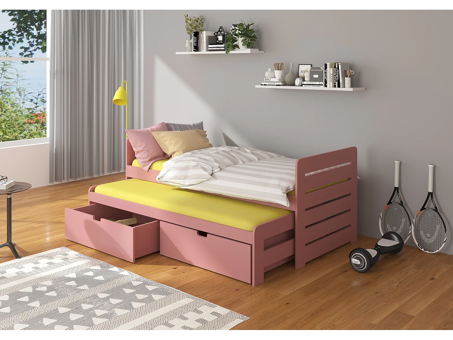 Roze onderschuifbed voor 2 personen 90x200 cm met 2 Balina opbergdozen