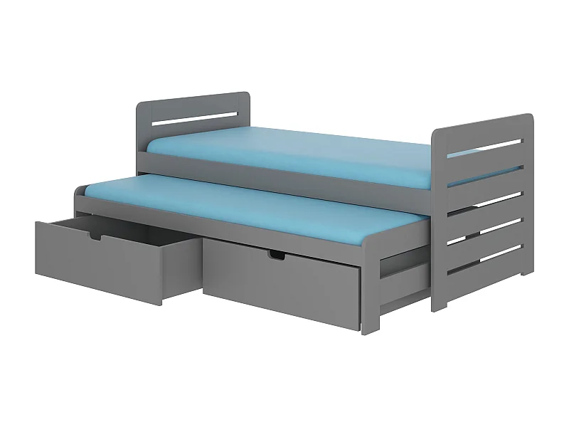 Lit gigogne gris 2 couchages 90x200 avec 2 coffres de rangement Balina