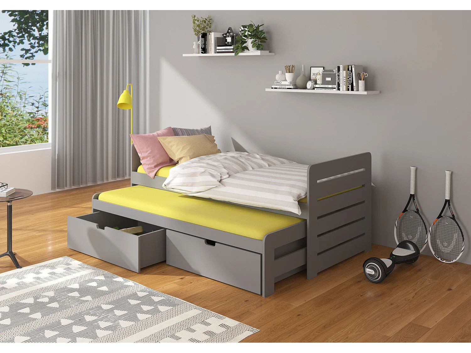 Lit gigogne gris 2 couchages 90x200 avec 2 coffres de rangement Balina