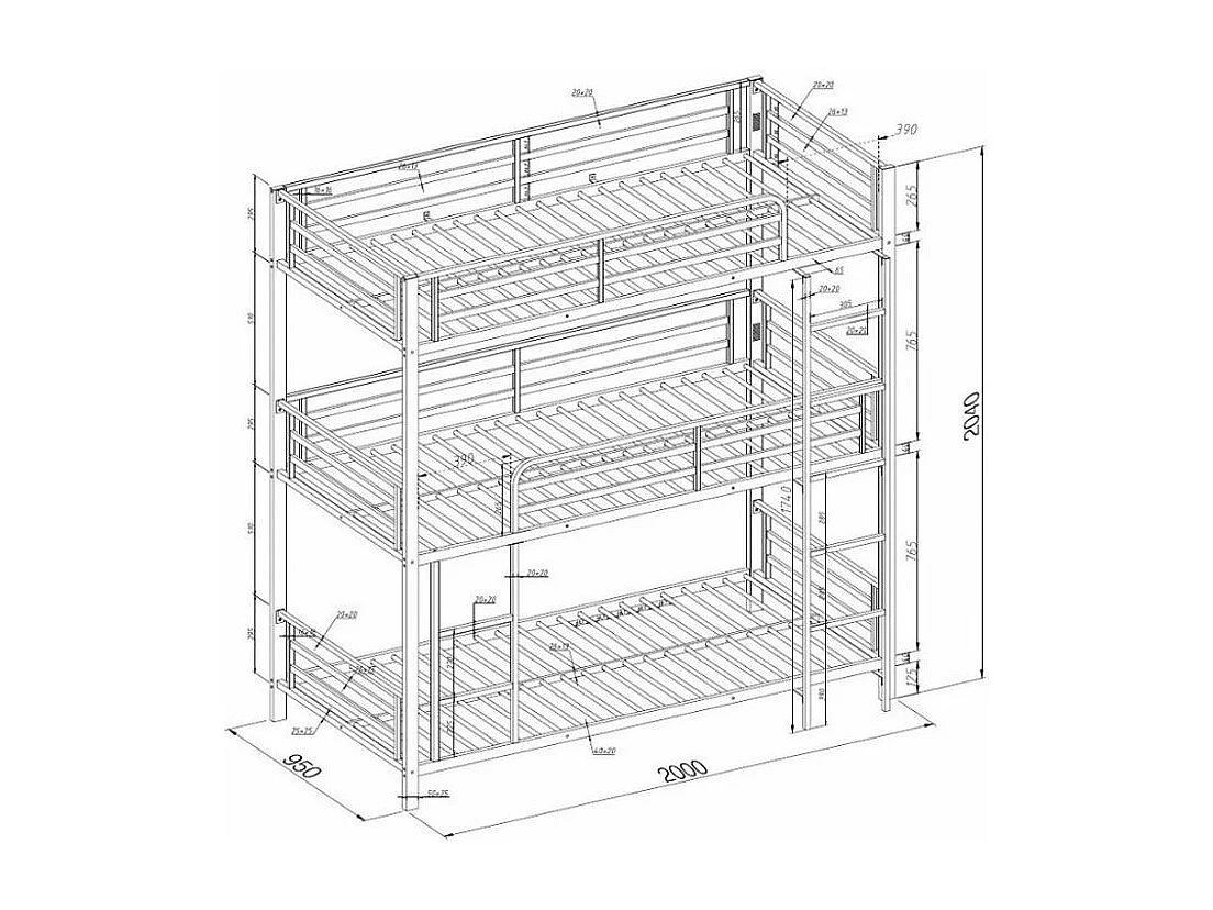 Lit superposé 3 niveaux métal 90x190 Trio-Couleur Gris
