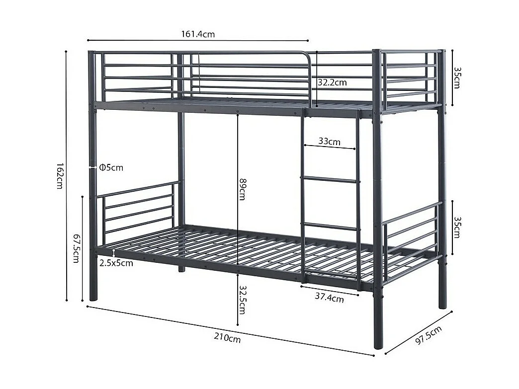 Letto a castello in metallo 90x200 cm SAMMY, colore grigio scuro