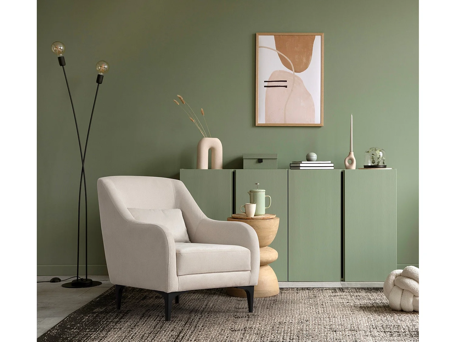 Poltrona Elegante, Cru, 60 x 72 x 81 cm | Estrutura em madeira de faia e aglomerado, 100% poliéster, almofada de espuma macia | Perfeita para sala de