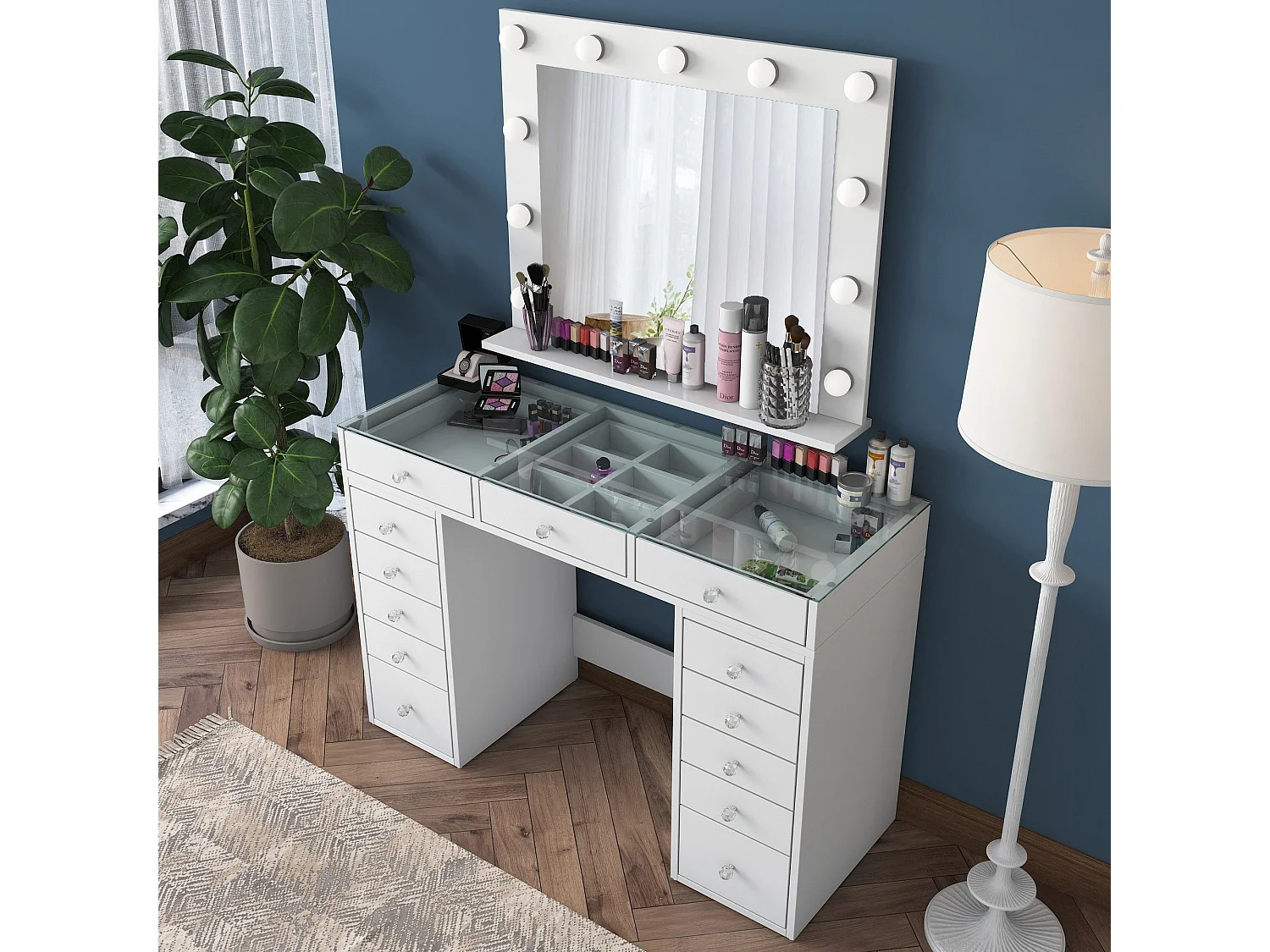 Tocador Asheboro 102, Blanco, Espejo, 80x120x45cm