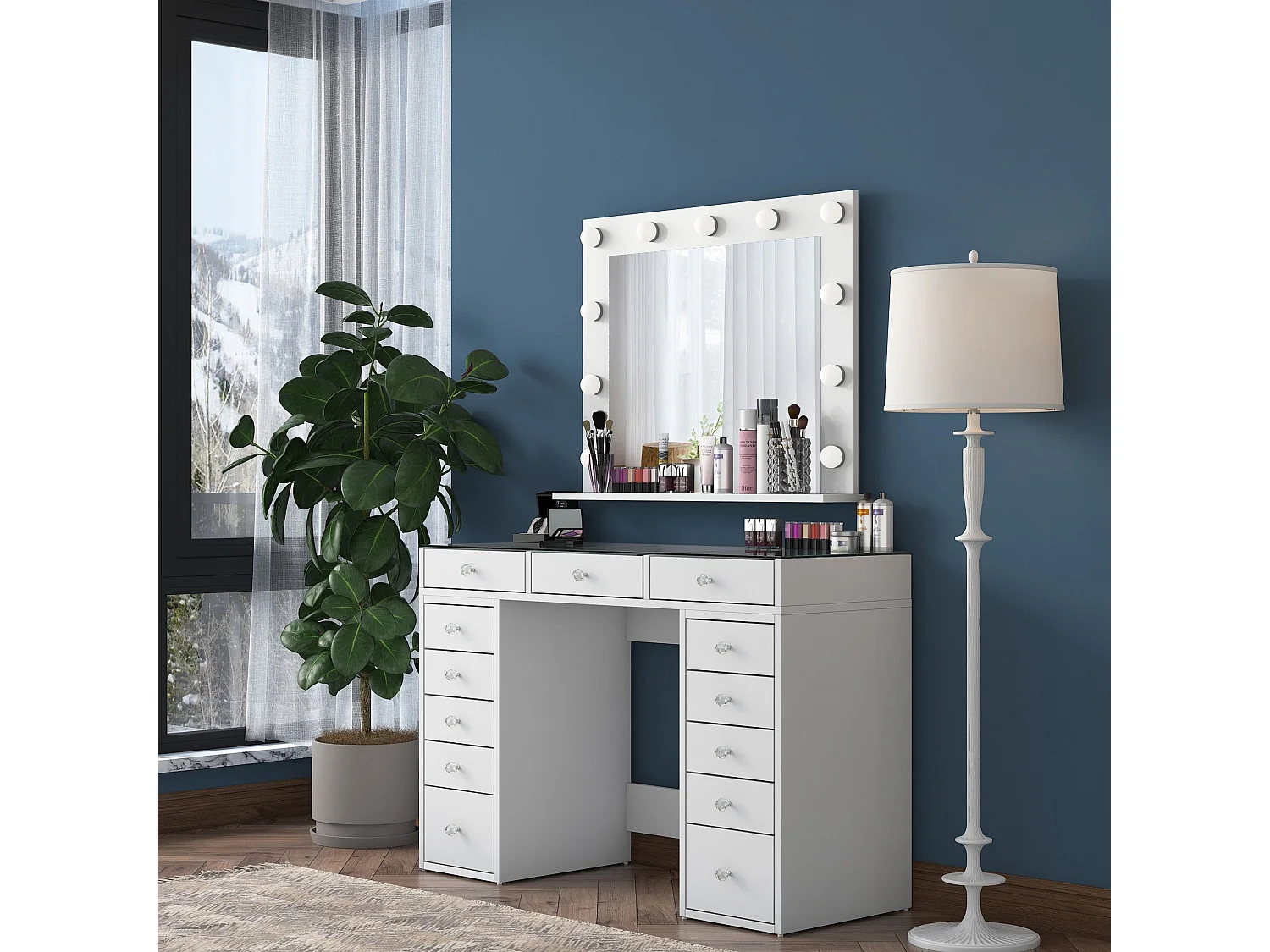 Tocador Asheboro 102, Blanco, Espejo, 80x120x45cm