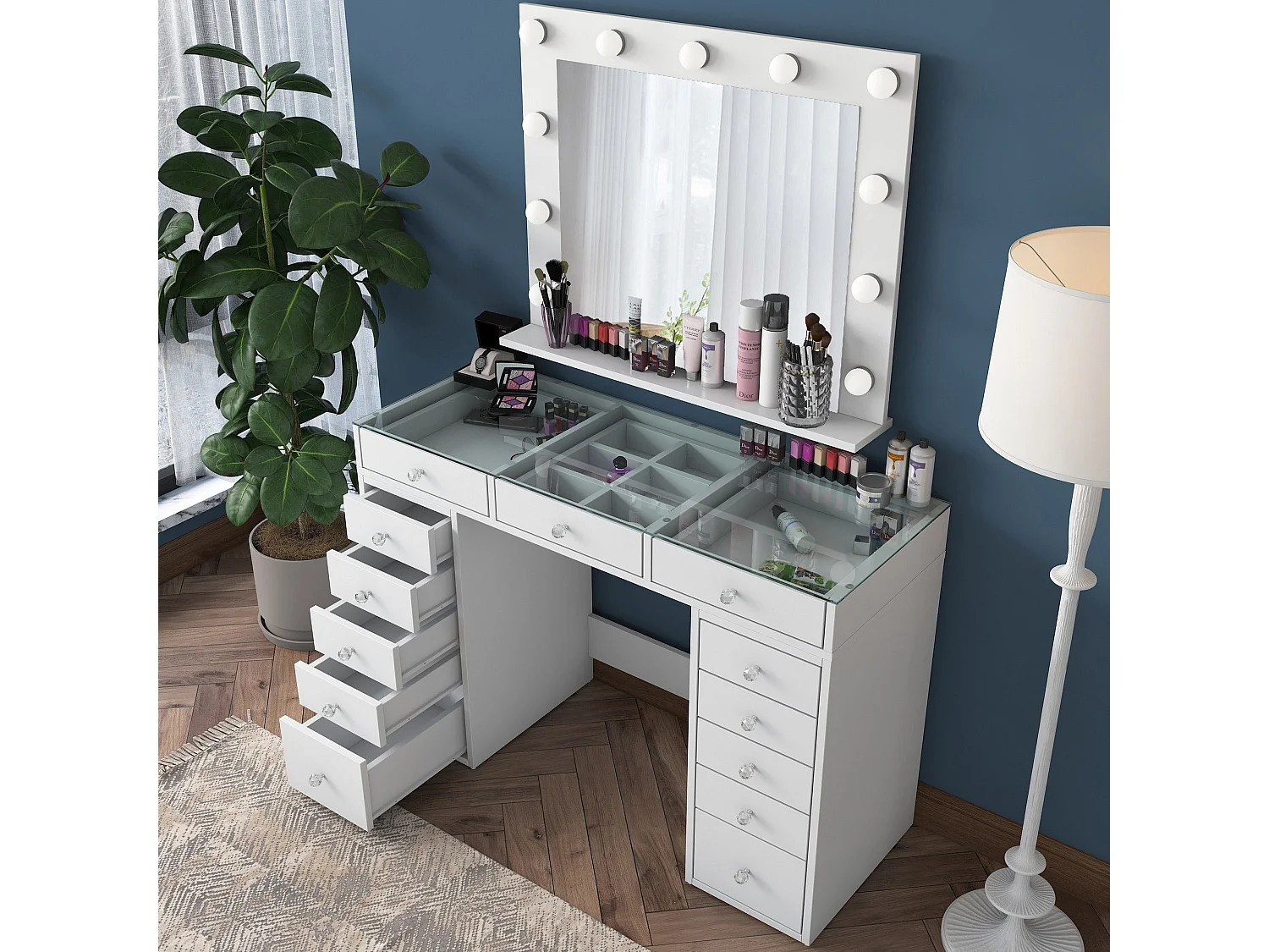 Coiffeuse moderne avec miroir LED et dessus Transparent Beline L120cm Blanc