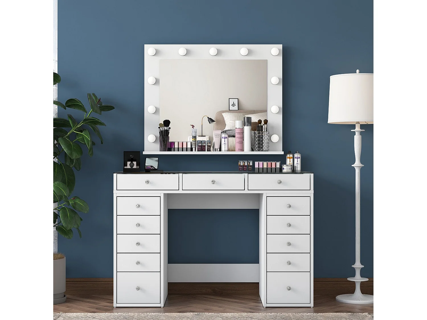 Coiffeuse moderne avec miroir LED et dessus Transparent Beline L120cm Blanc