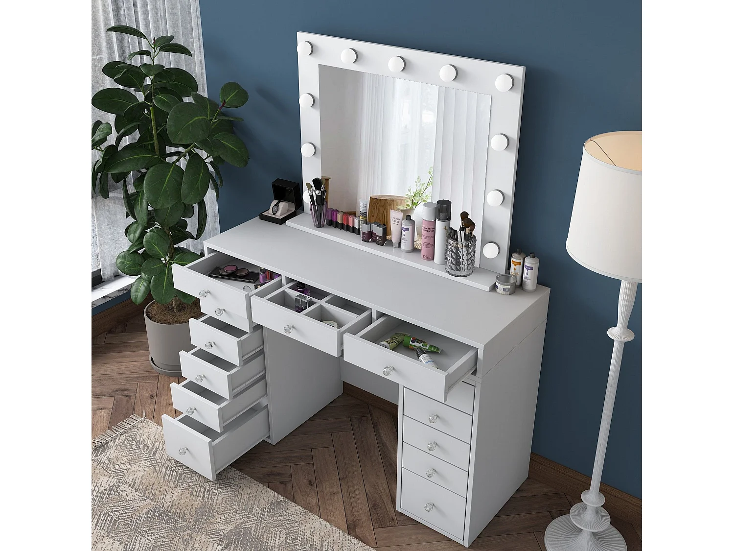 Tocador Asheboro 101, Blanco, Espejo, 82x120x45cm