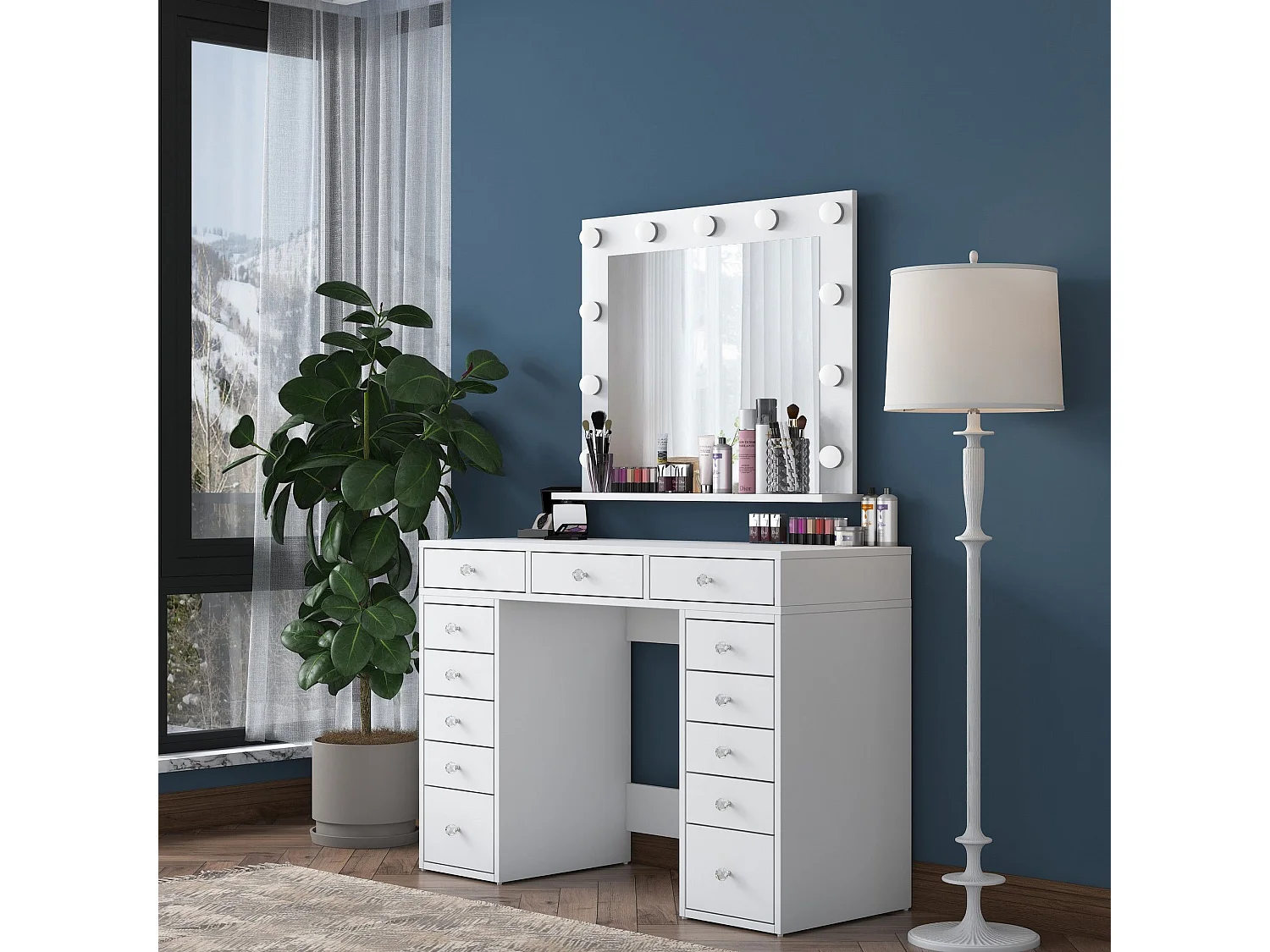 Tocador Asheboro 101, Blanco, Espejo, 82x120x45cm