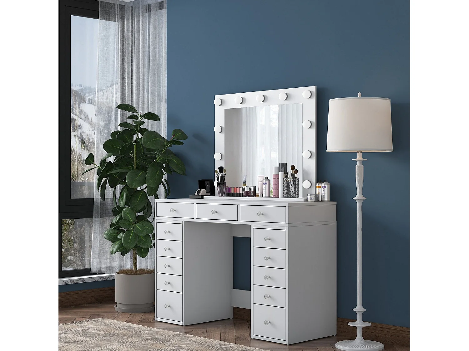 Tocador Asheboro 101, Blanco, Espejo, 82x120x45cm