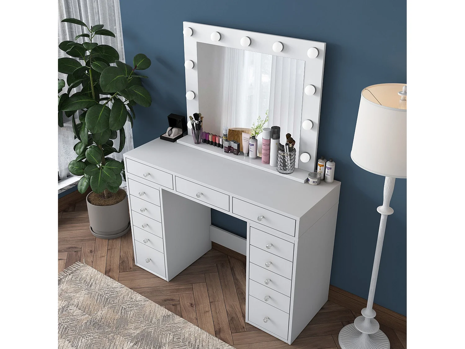 Coiffeuse moderne avec miroir LED Beline L120cm Blanc