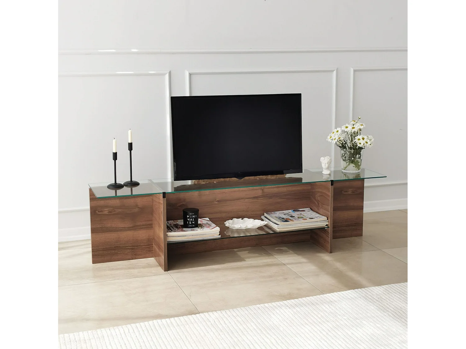 Meuble TV Melar L158cm Bois foncé et Verre Transparent