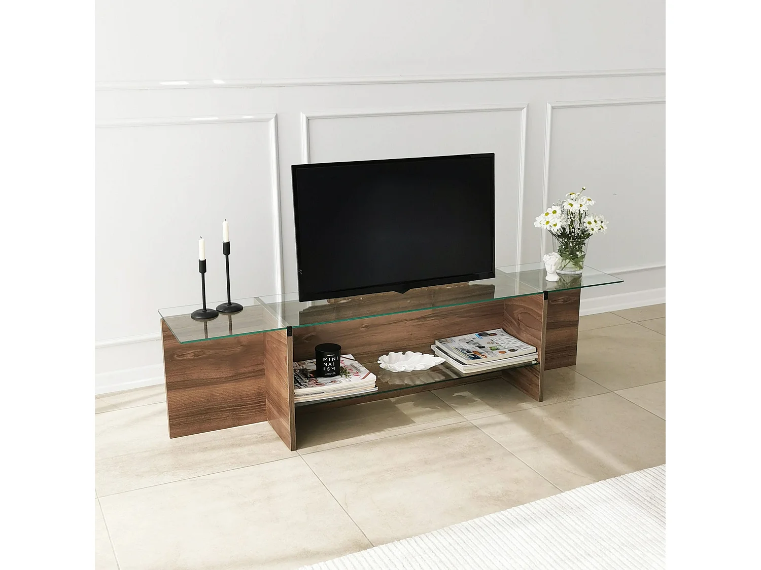 Meuble TV Melar L158cm Bois foncé et Verre Transparent
