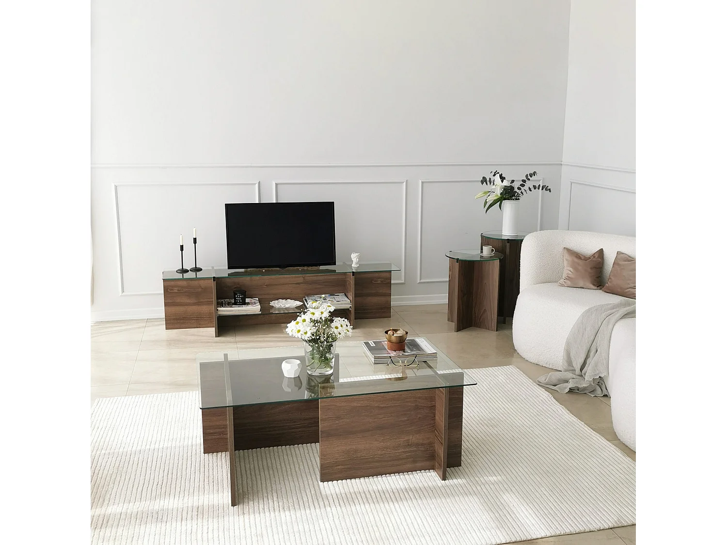 Meuble TV Melar L158cm Bois foncé et Verre Transparent