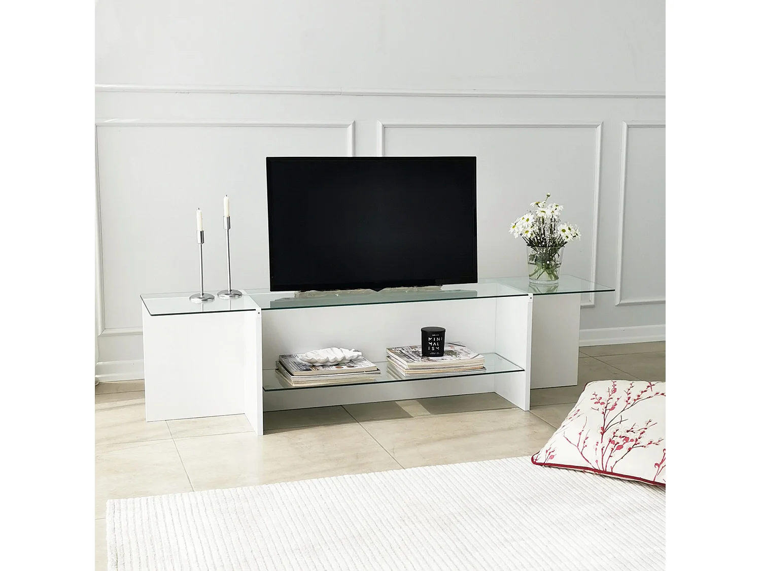 Meuble TV Melar L158cm Bois Blanc et Verre Transparent