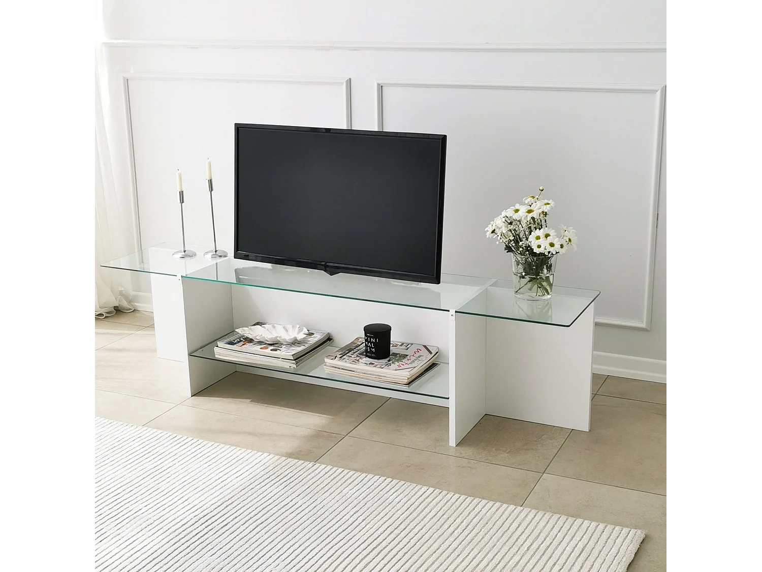 Meuble TV Melar L158cm Bois Blanc et Verre Transparent