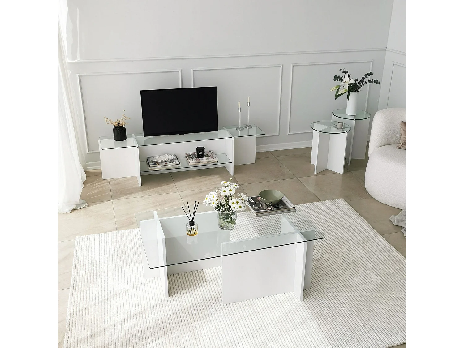 Meuble TV Melar L158cm Bois Blanc et Verre Transparent