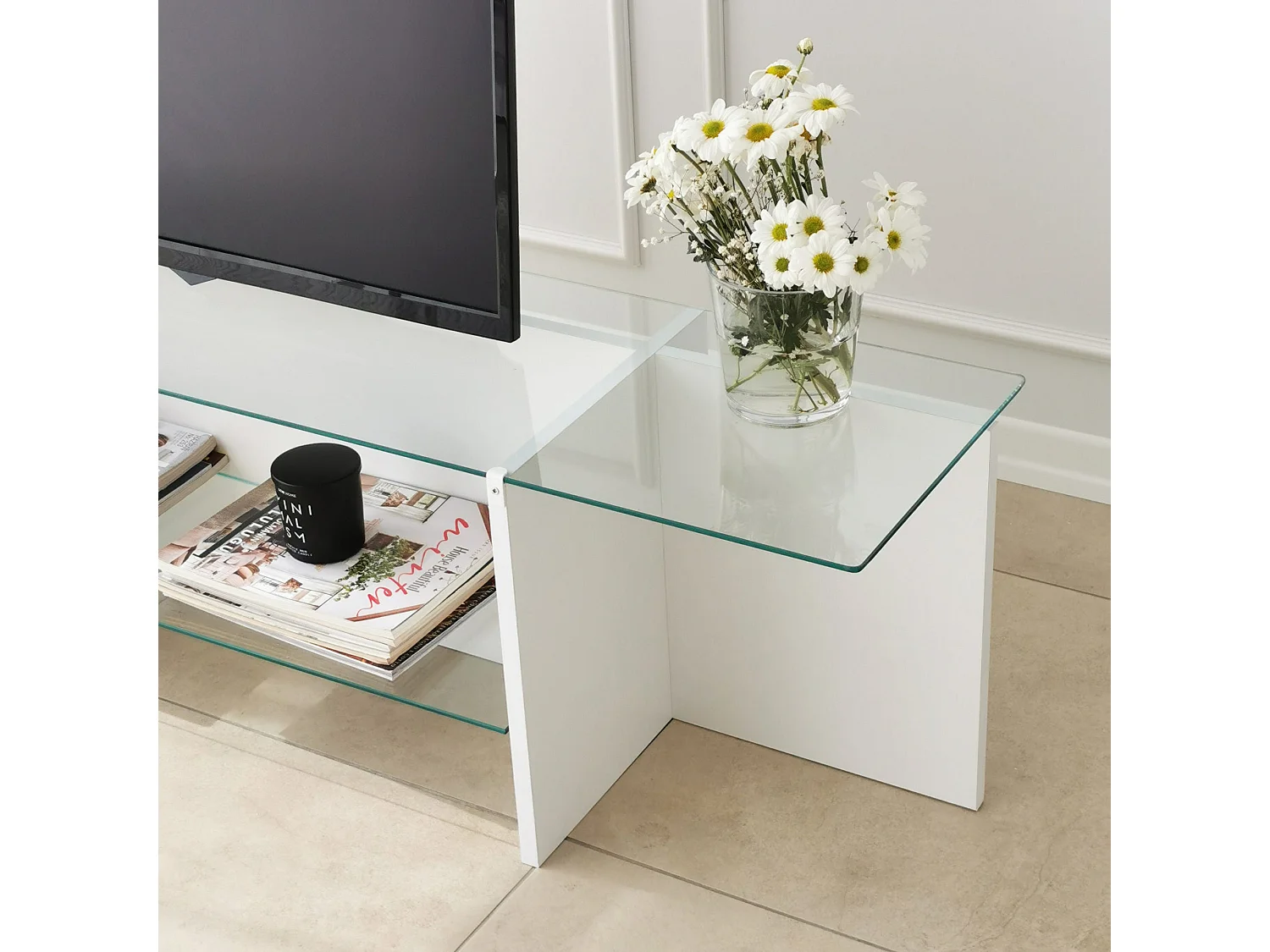 Meuble TV Melar L158cm Bois Blanc et Verre Transparent